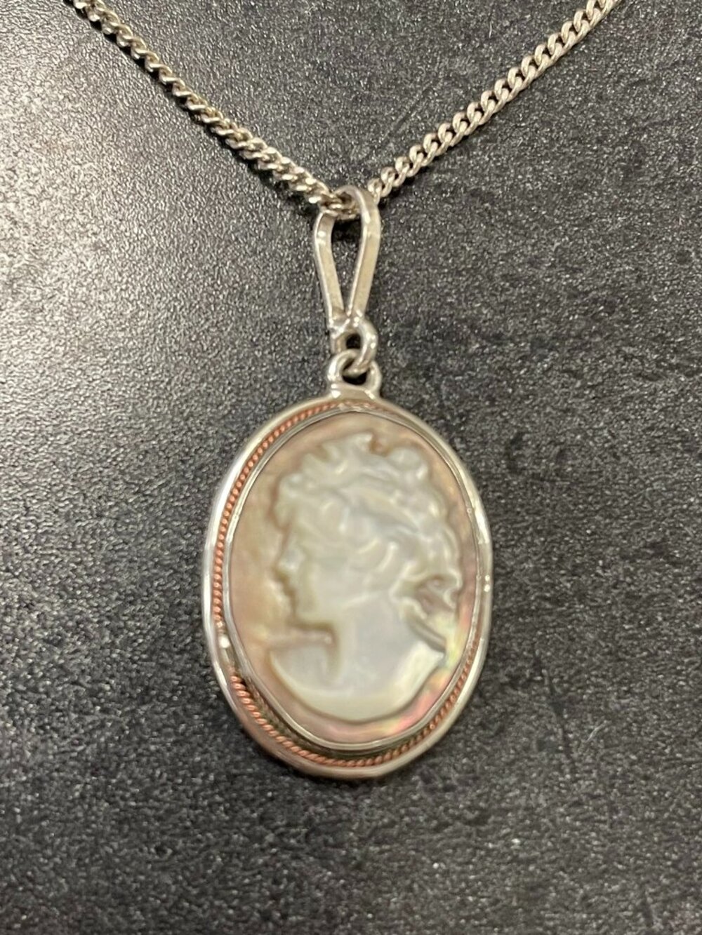 Vintage Sterling Silver and Mother of Pearl Cameo Pendant Necklace